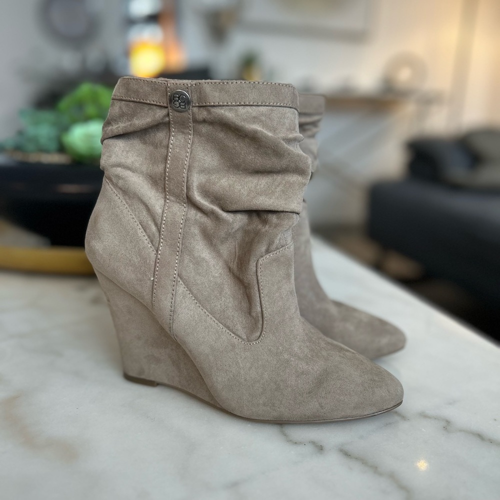 BCBG Beige Suede Wedge Booties - Size 8